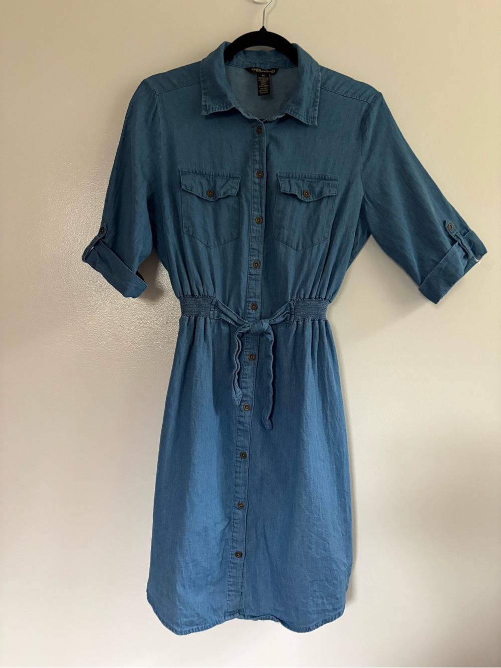 Millenium Cotton Chambray Denim Button Down Shirt Dress Tie Waist Size Medium